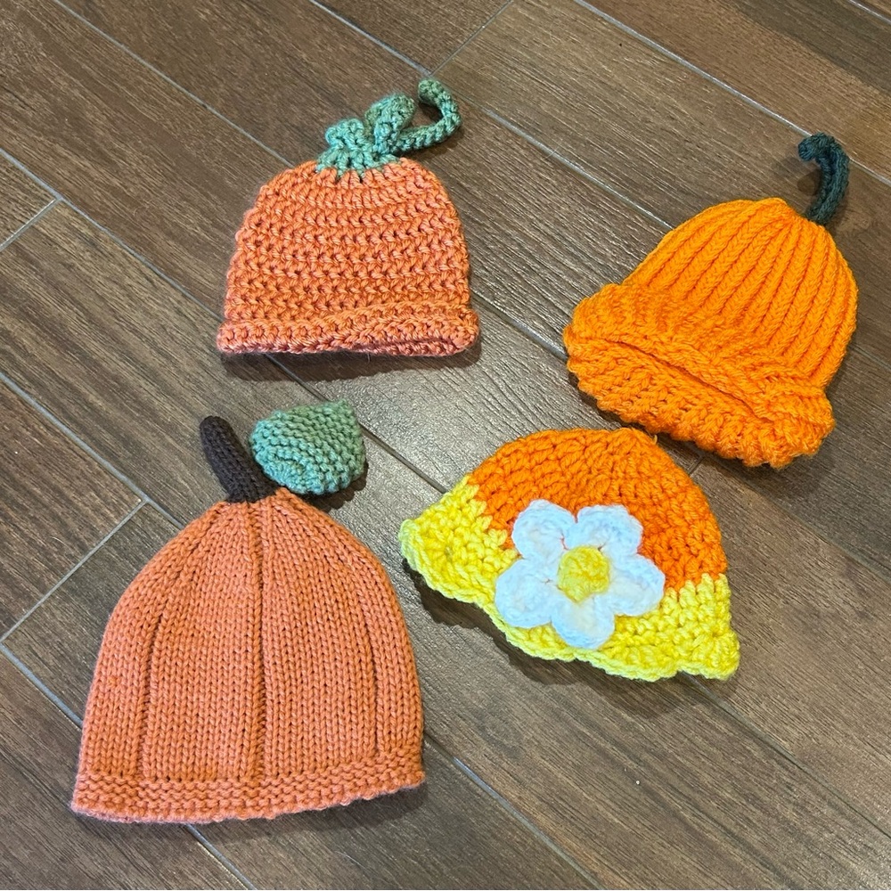 Handmade Knitted Baby Hats in Orange and Green
